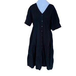 Madewell Black Lightspun Button Front Cotton Gauze Tiered Midi Dress V-Neck 14